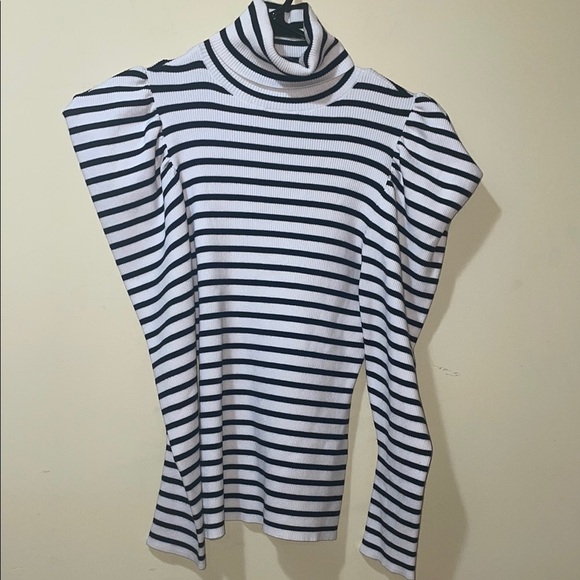Womens A.L.C. Puffed Sleeve Black and White Striped Turtleneck Sweater - Picture 1 of 5